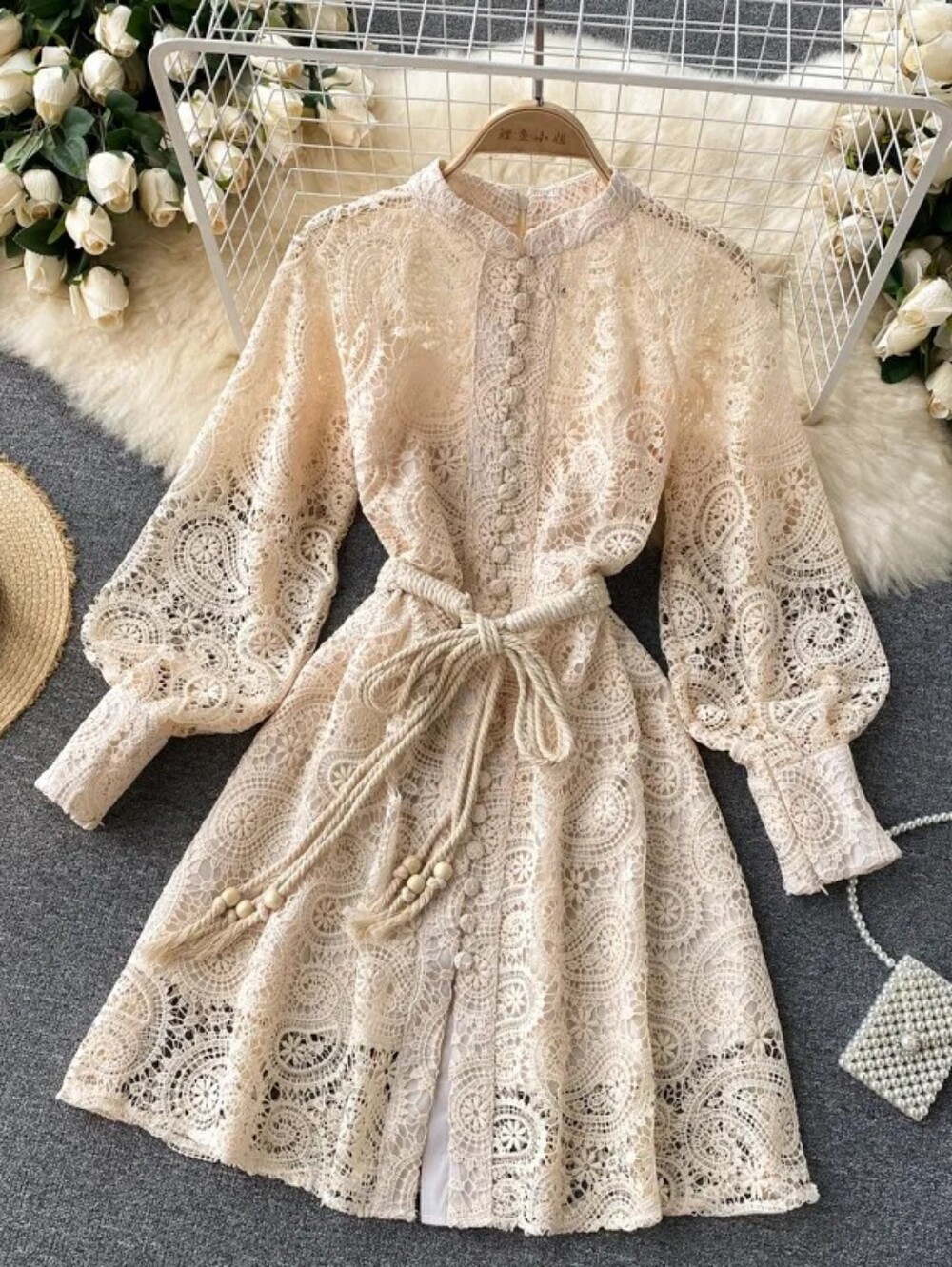 LCNM Paisely Lace Puff Sleeve Mini Dress Ivory Cream No Belt Sz L